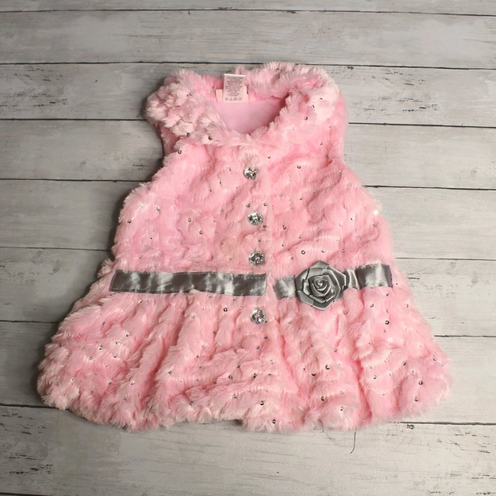 Little Lass Girl's Faux Fur Sleeveless Jacket Vest Size 4T Pink Silver